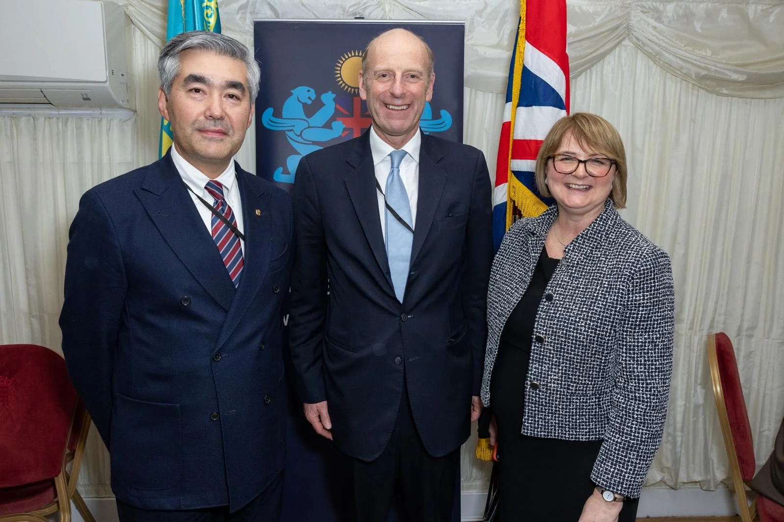 HE Magzhan Ilyassov, Rupert Goodman DL OBE, and HE Kathy Leach